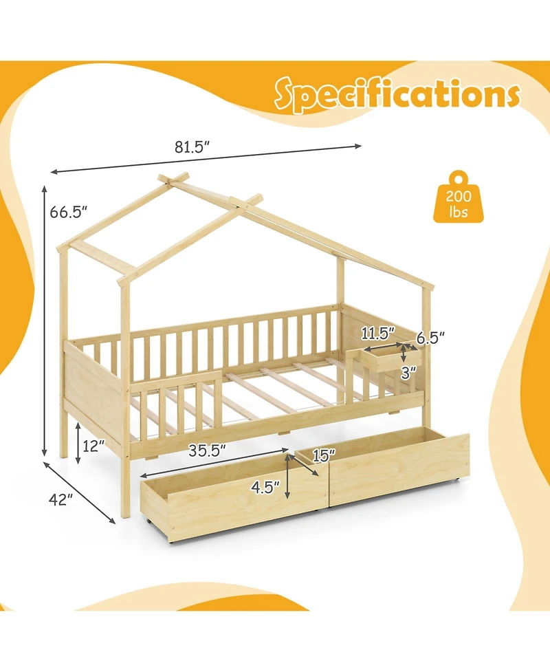 Sugift House Bed with Storage Drawers Roof and Guardrails