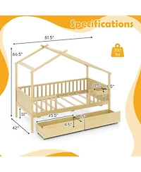Sugift House Bed with Storage Drawers Roof and Guardrails
