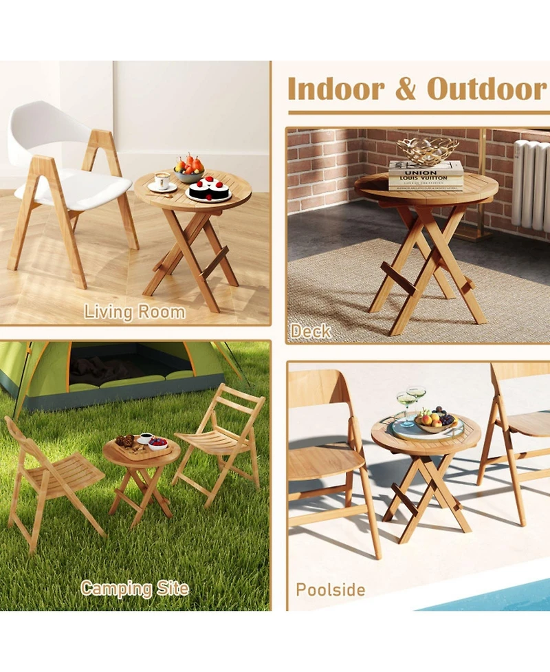 Gouun Folding Teak Wood Outdoor End Table with Slatted Top and X-Shaped Legs