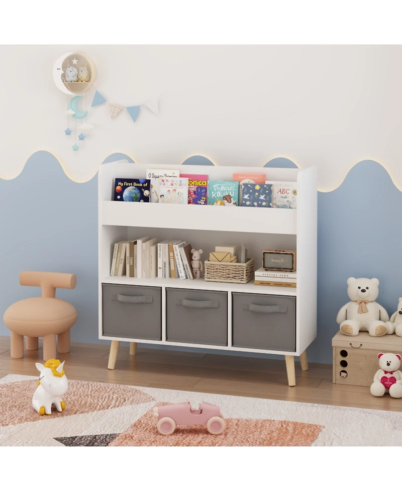 Rainsken Kids Bookshelf with 3 Fabric Storage Bins, Modern Children's Bookcase with Storage for Toys and Books, for Playroom and Bedroom