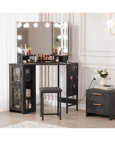 Homfan Space-Saving Corner Vanity Desk and Stool Set for Bedroom - Lighted Mirror, Charging Station, Storage Cabinet