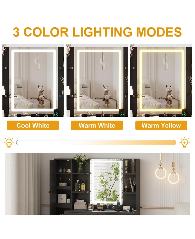 Homfan Modern Vanity Desk with Led Lighted Mirror - 3-Color Dimmable Lighting, Usb Charging Station, Hidden Jewelry Cabinet, Drawers and Shelves