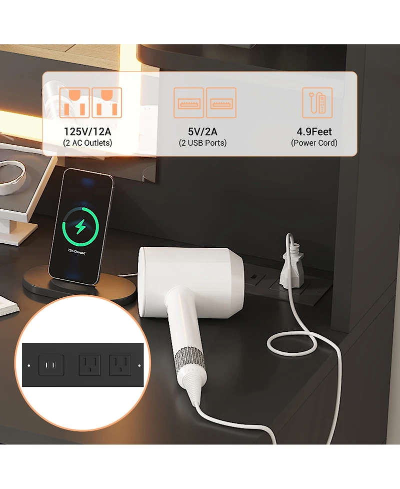 Homfan Modern Vanity Desk with Led Lighted Mirror - 3-Color Dimmable Lighting, Usb Charging Station, Hidden Jewelry Cabinet, Drawers and Shelves