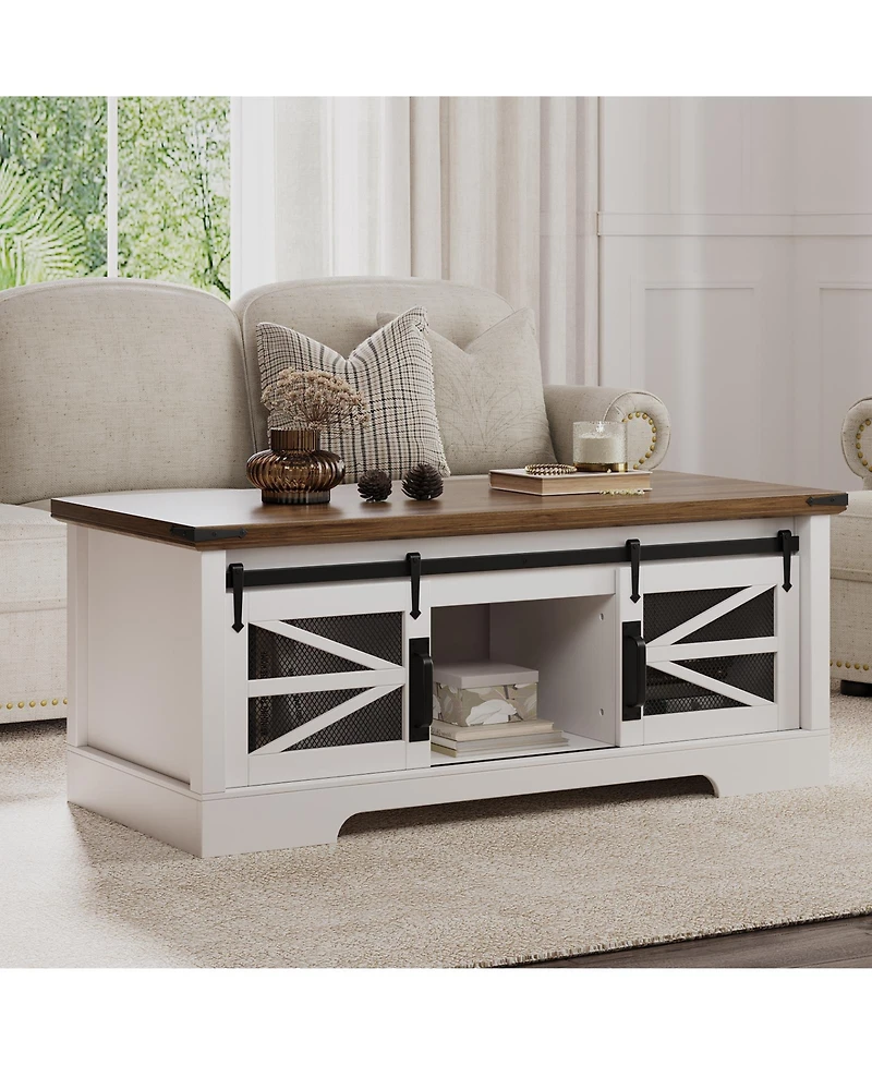 Homfan 47 Inch Farmhouse Lift Top Coffee Table with Sliding Barn Doors, Spacious Hidden Storage, Rectangle Entryway Cabinet