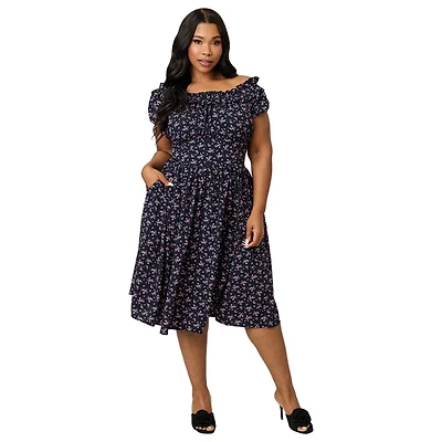Unique Vintage Plus 1950s Off The Shoulder Ruffle Swing Dress