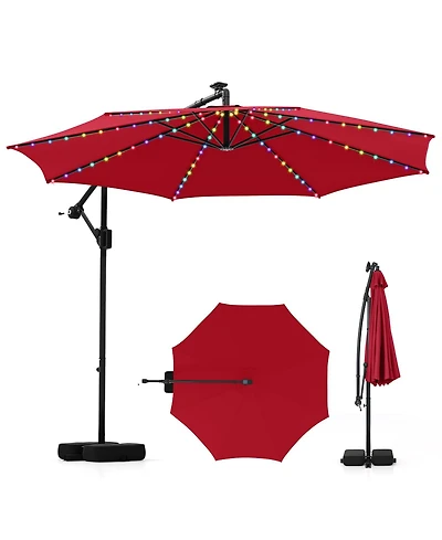 Gouun 10 ft Solar Offset Hanging Patio Umbrella with Base, 96 Led Lights and 360-Degree Rotation