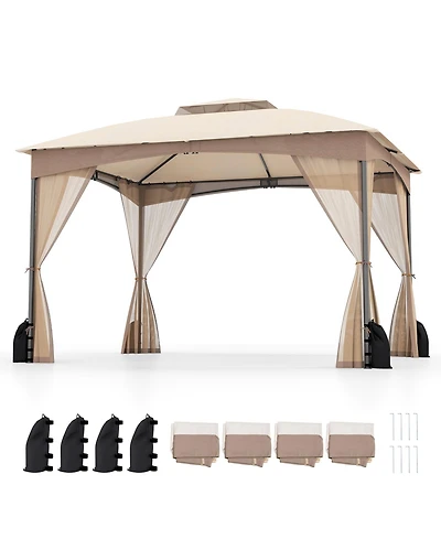 Gouun 10 x 12 ft Patio Gazebo with Netting Walls, Double-Tier Roof and 4 Sandbags