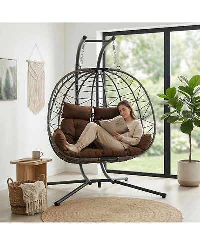 Rainsken Oversized 2-Seater Hanging Egg Chair with Stand and Cushions, Double Swing Chair for Indoor and Outdoor Use in Bedroom, Balcony and Garden