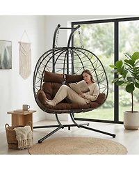 Rainsken Oversized 2-Seater Hanging Egg Chair with Stand and Cushions, Double Swing Chair for Indoor and Outdoor Use in Bedroom, Balcony and Garden