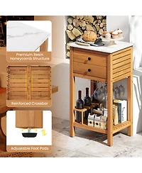 Sugift Patio Acacia Wood Storage Cabinet Buffet Bar Table with Faux Marble Countertop