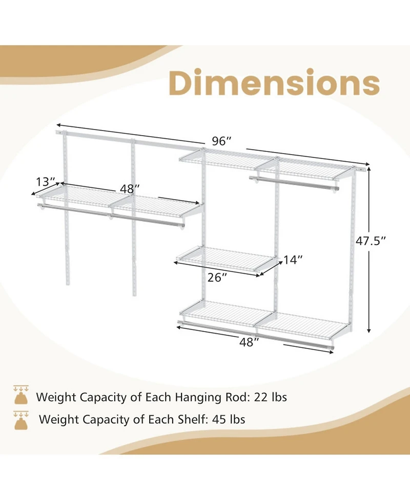 Gouun Wall-Mounted Closet Organizer System with 7 Shelves and 5 Hanging Rods