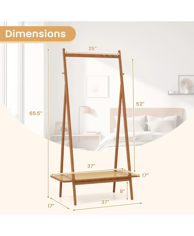 Gouun Bamboo Clothes Rack with Rattan Shelf and Copper Hooks