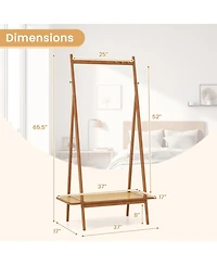 Gouun Bamboo Clothes Rack with Rattan Shelf and Copper Hooks