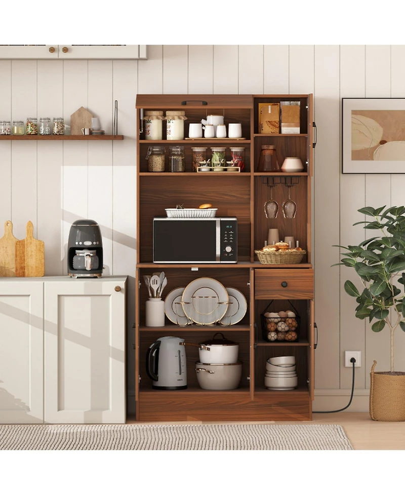Gouun Kitchen Pantry Cabinet with Built-In Charging Station and Microwave Stand