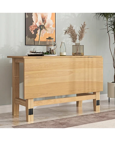 Rainsken Farmhouse Wood Kitchen Dining Table with Folding Drop Leaf, Space-Saving Extendable Table for Living Room