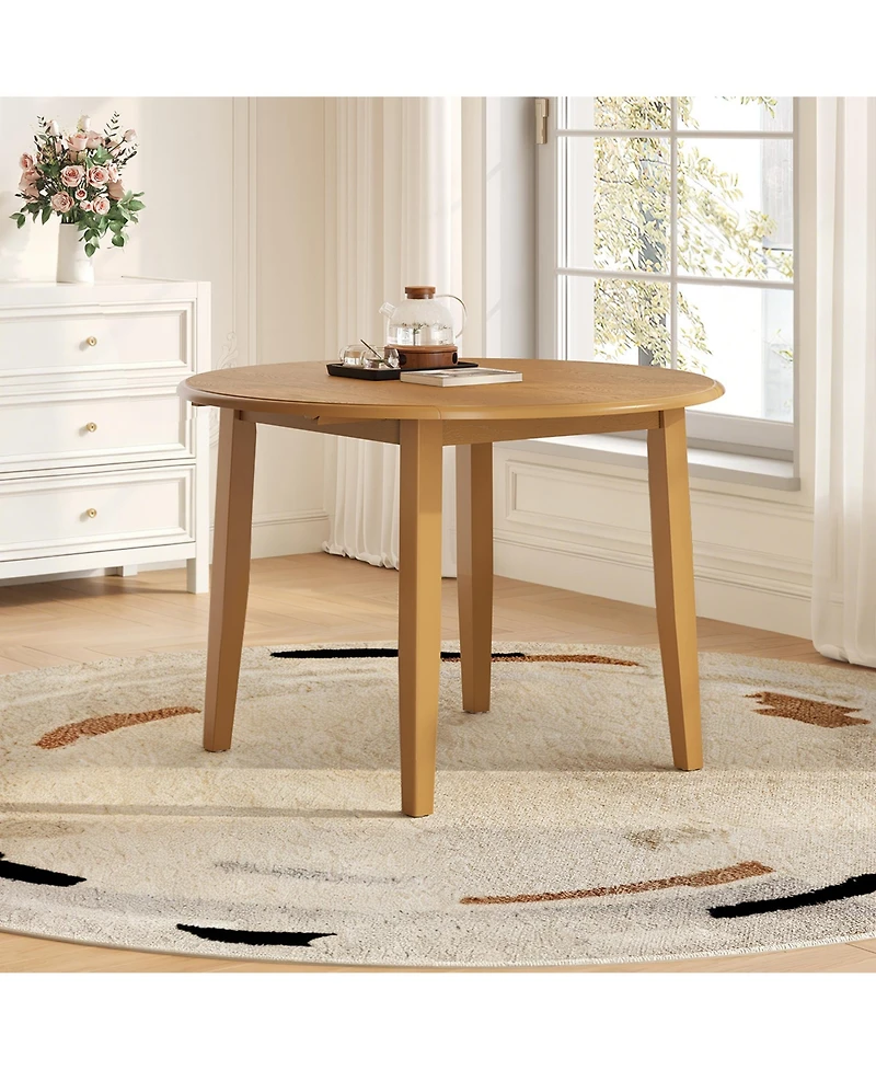 Rainsken Extendable Round Dining Table with Folding Drop Leaves, Space-Saving Wooden Table for 2-4 Persons in Dining Rooms and Kitchens