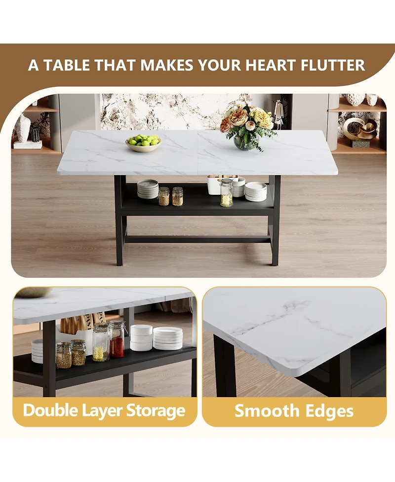 Rainsken 71" Rectangular Dining Table with Storage Shelf, Mdf Top and Metal Legs for Kitchen, Dining Room and Living Room