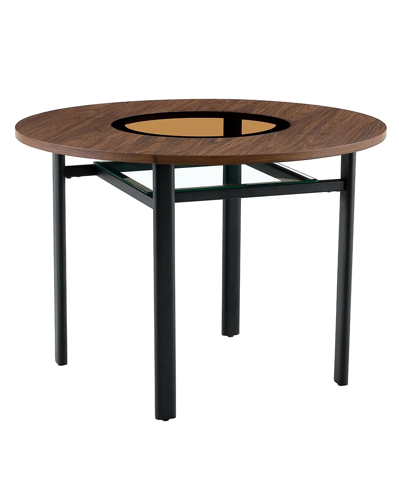 Rainsken 42" Round Dining Table with Wood-Grain Mdf Top and Glass Inlay, Minimalist Table with Storage Shelf for Small Spaces