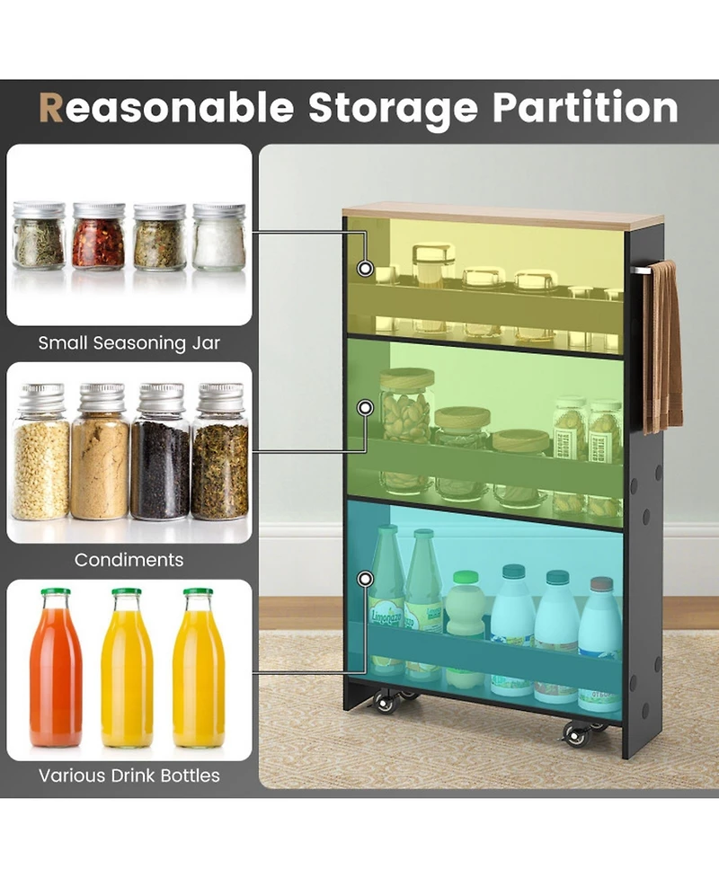 Gouun 4-Tier Slim Rolling Kitchen Storage Cart with Side Handle and Guard Rails