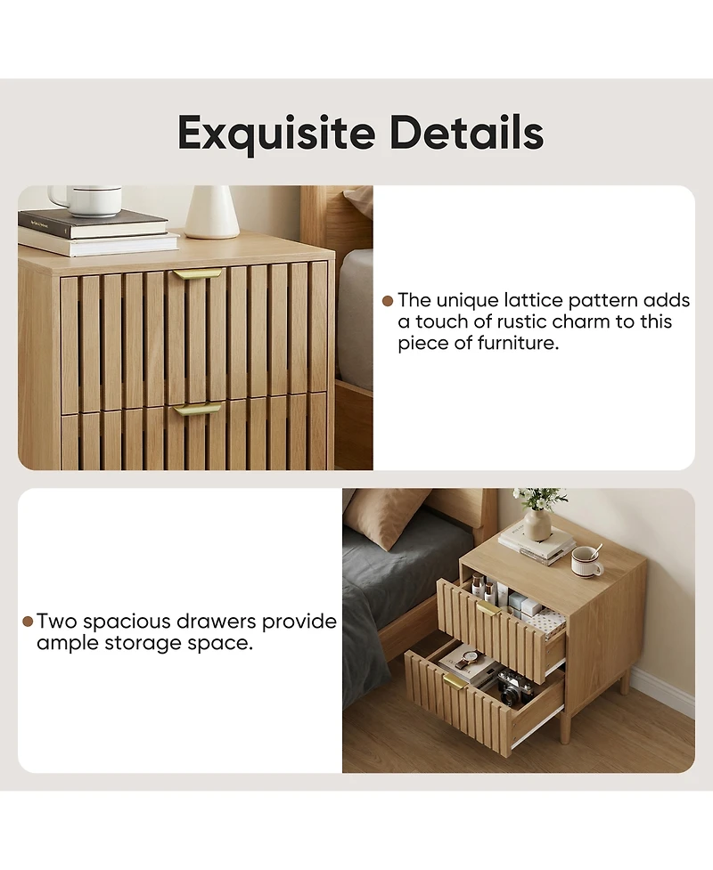 Rainsken Mid-Modern Style Nightstand Set of 2, Bedside Table with Grille Design and 2 Storage Drawers for Bedroom, Living Room