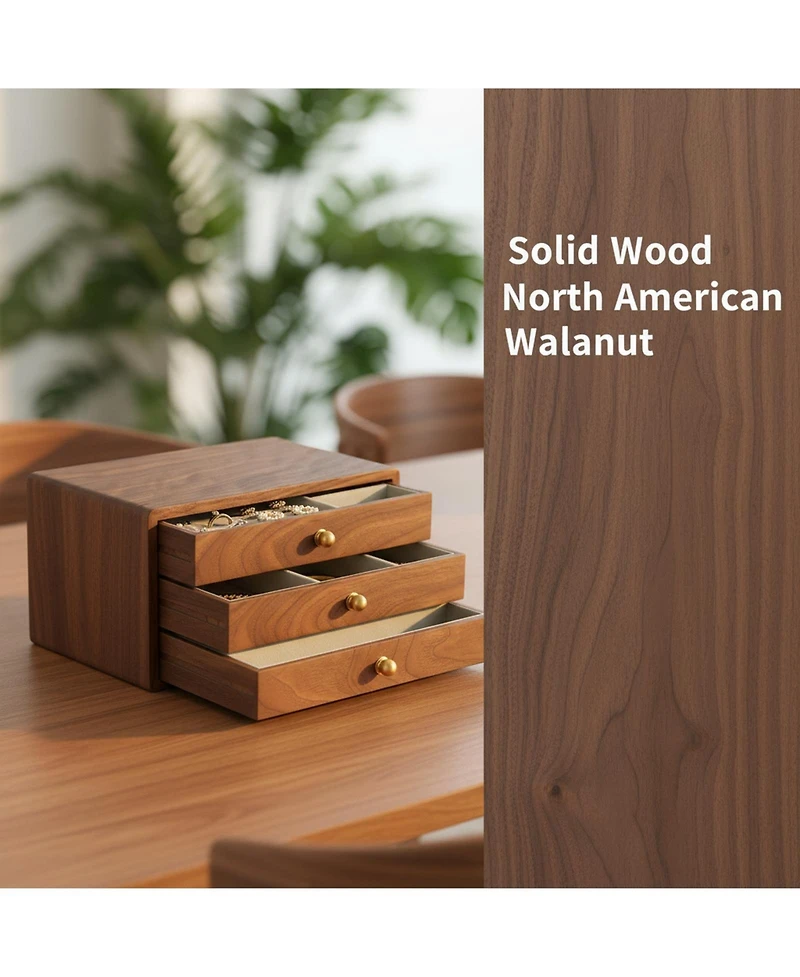 Yigii Solid Black Walnut Jewelry Organizer Box 3 Drawers Velvet Lined Brass Handles Large Storage
