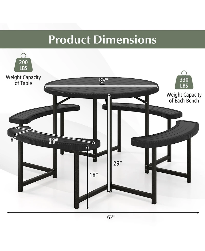 Sugift Round Picnic Table Bench Set with 4 Benches and Umbrella Hole for Patio Outdoor