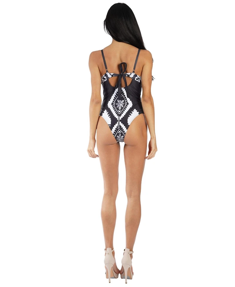 La Moda Clothing Women's Black and White Cut-Out One Piece Swimsuit