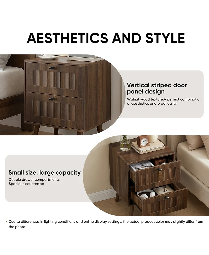 Rainsken Mid-Century Modern Nightstand Set of 2, Double-drawer Bedside Table with Solid Wood Legs for Bedroom, Home Office, Walnut
