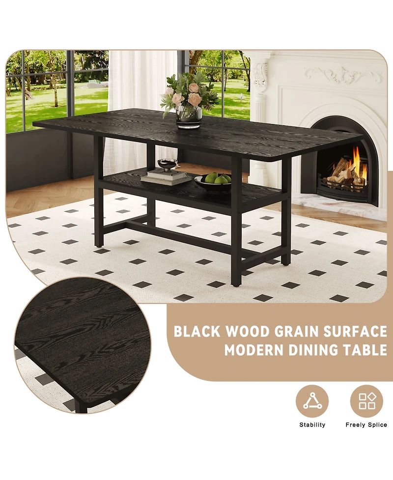 Rainsken 71" Rectangular Kitchen Dining Table with Storage Shelf, Practical Mdf Wood Table and Metal Legs for Home Dining Area