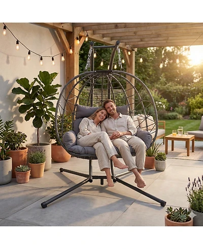 Rainsken Double Hanging Egg Chair, Oversized 2-Person Indoor Outdoor Hammock Swing Chair with Stand and Cushions for Bedroom, Balcony, Garden