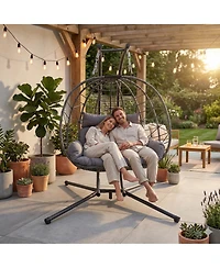 Rainsken Double Hanging Egg Chair, Oversized 2-Person Indoor Outdoor Hammock Swing Chair with Stand and Cushions for Bedroom, Balcony, Garden