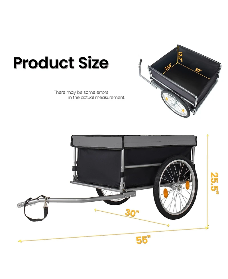 Rainsken Foldable Bike Cargo Trailer, Heavy Duty Bicycle Wagon Cart with 20'' Wheels, Removable Cover, 120 lbs Capacity for Luggage, Groceries