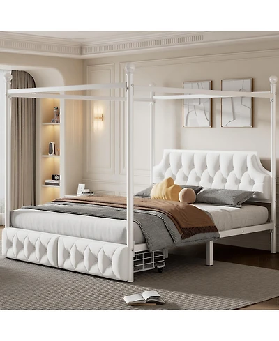 Lucky One Metal Canopy Platform Bed with Upholstered Headboard and Two Storage Drawers