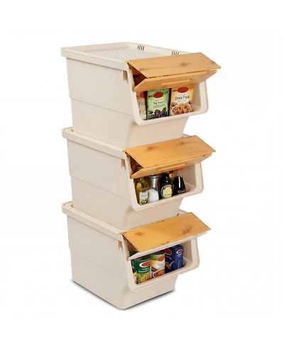 Gouun Set of 3 Stackable Storage Bins on Wheels with Stay-Open Lids, 35 Qt Each