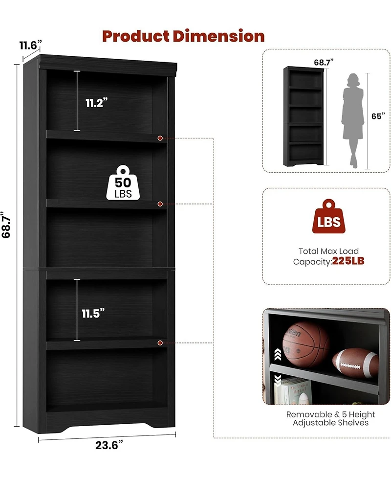 gaomon Tall Farmhouse Bookshelf, 5 Tier Open Bookcase with Adjustable Shelves and Anti-Tip, Storage Organizer for Living Room
