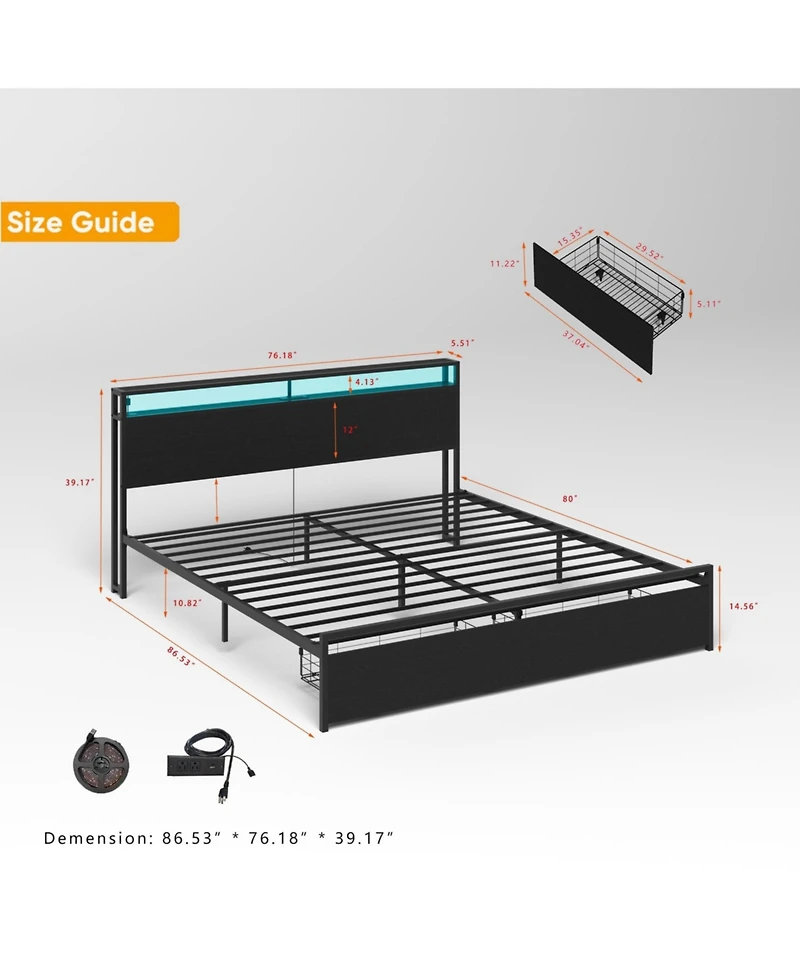 Lucky One King Bed Frame, Storage Headboard with Charging Station, Solid and Stable, Noise Free