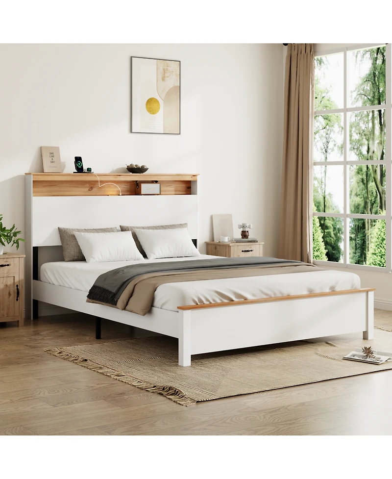 Lucky One Queen Bed Stand With Charging Station All -Wood Bed Frame