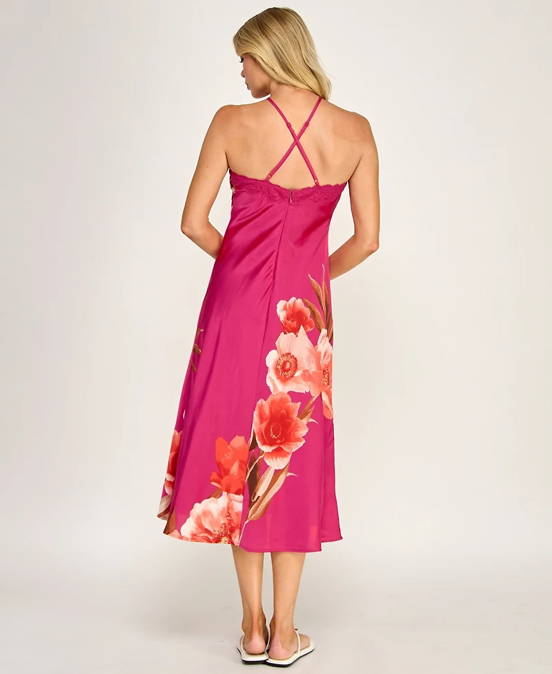 Row A Women's Printed Halter Neck Scallop Trim Midi Dress