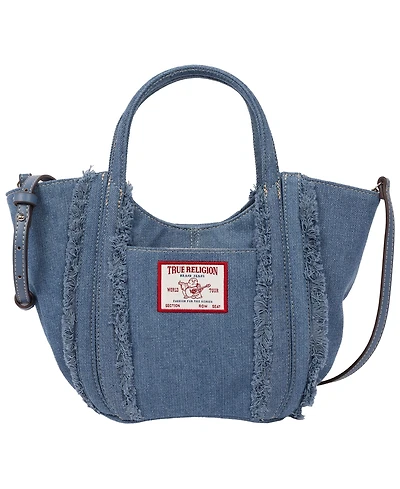 True Religion Atlas Frayed Medium Tote Bag – Denim Carryall with Removable Crossbody Strap