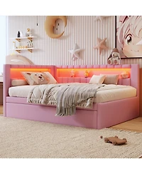 Rainsken Upholstered Daybed with Trundle, Built-in Usb Ports and Led, L-Shaped Day Bed, for Bedroom Living Room