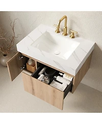 Sillysis Wall Mounted Bathroom Vanity with Carrara Sintered Stone Top, Ceramic Sink, Soft Close Cabinet, Pre-assembled