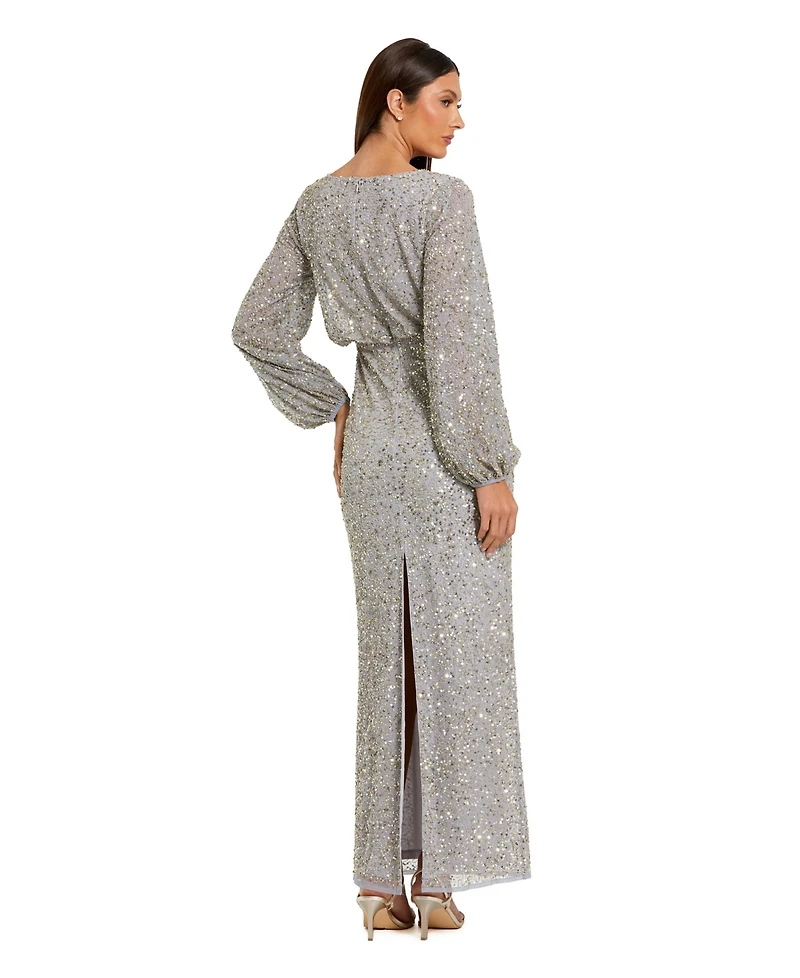 Mac Duggal Women's Beaded Mesh Blouson Sleeve Evening Gown