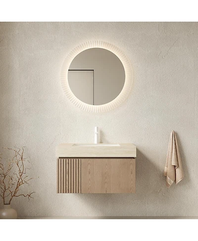 Sillysis Wall Mount Bathroom Vanity with Travertine Sintered Stone Top, Ceramic Undermount Sink, Soft Close Cabinet