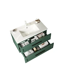Sillysis 36 Inch Modern Bathroom Vanity with Ceramic Integrated Sink, Double Soft Close Drawers, Wall Mounted Storage Cabinet