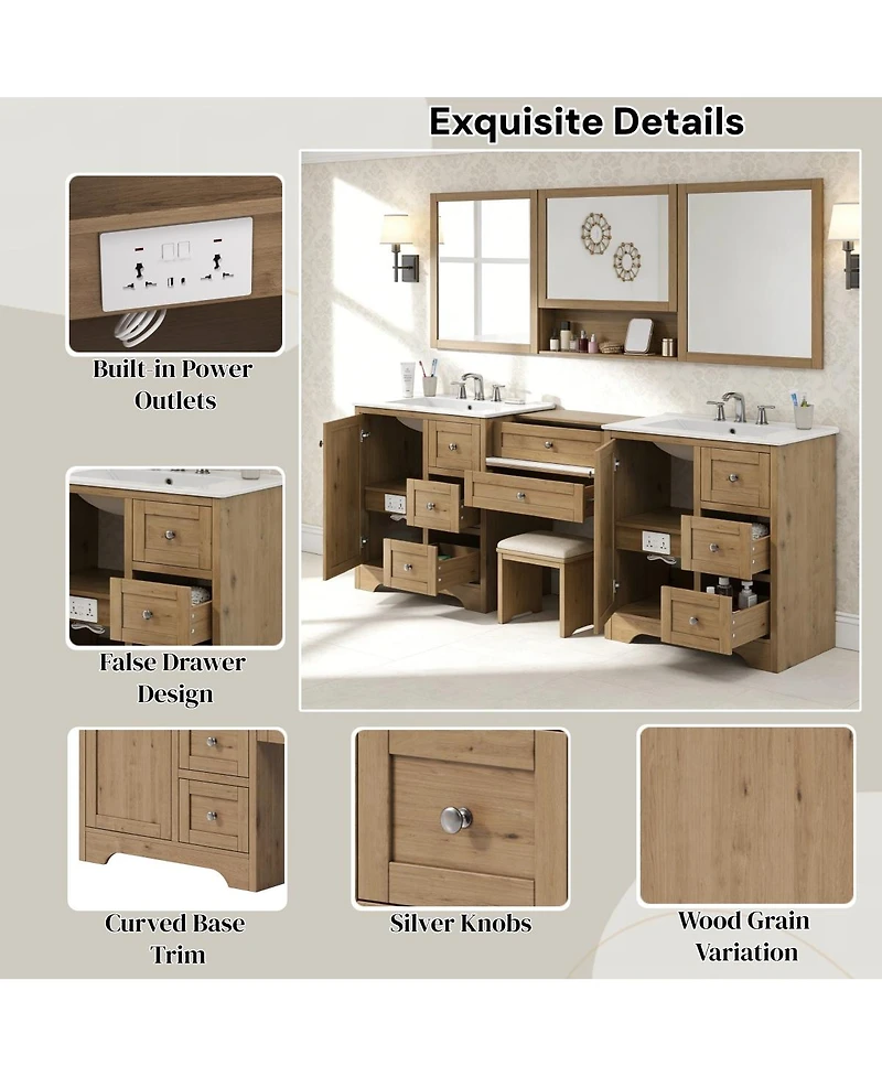 Sillysis 84 Inch Double Sink Bathroom Vanity with Solid Wood Frame, Engineered Stone Top, Soft Close Storage for Modern Homes