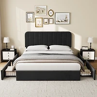 Velvetpholst Uered Platform Bed with 4 Drawers - Vertical Channel Tufted Headboard, Storage Frame, Wood, No Slats Spring, Modern Design Box