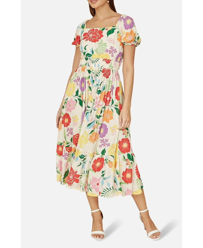 Yumi Women's Short Sleeve Square Neck Midi Dress