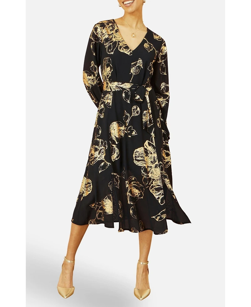 Yumi Women's Foil Rose Print Midi Dress