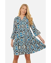 Yumi Women's Ikat Print 3/4 Sleeve Tunic Dress