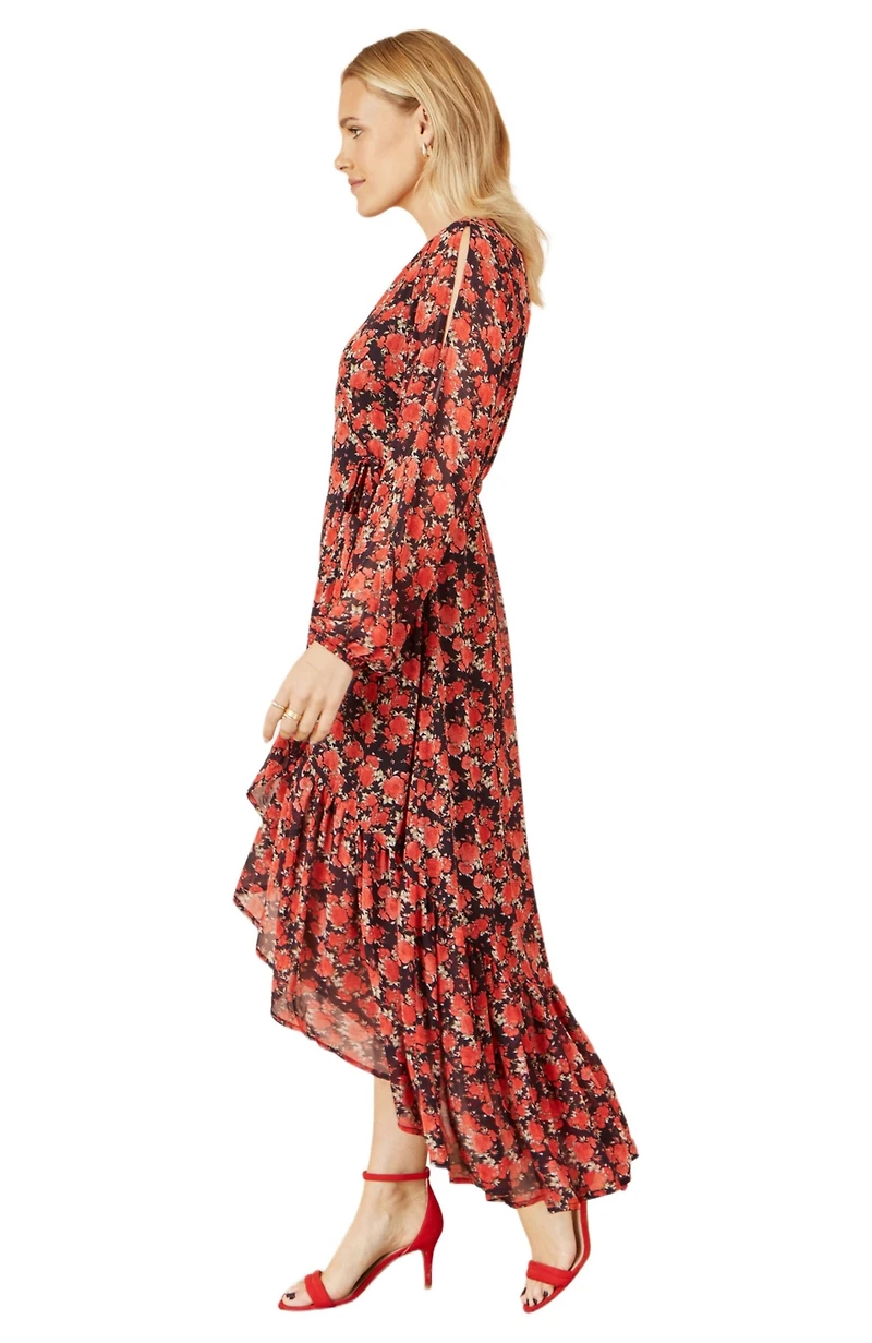 Yumi Women's Rose Print Dipped Hemline Midi Dress